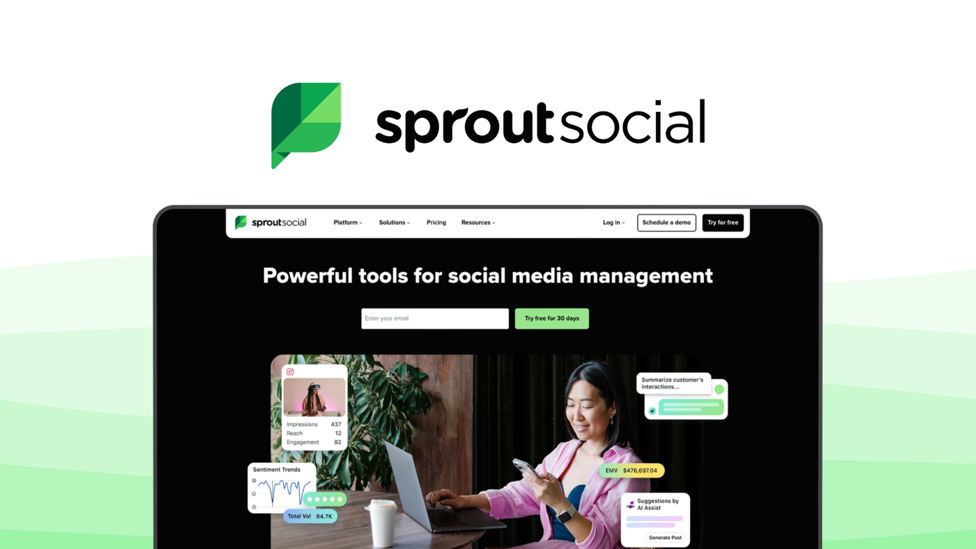 Sprout Social a social media management tool, featuring smart unified inbox, social listening, publishing scheduler, analytics & reporting, employee advocacy.