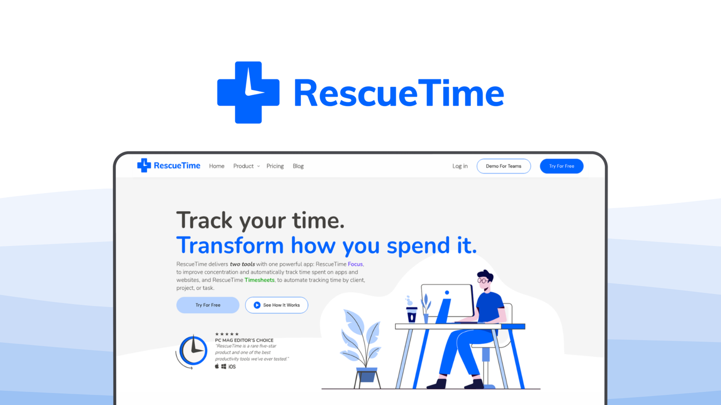 RescueTime a time tracking tool, featuring auto focus tracking, distraction blocker, focus sessions, productivity score, smart goals.