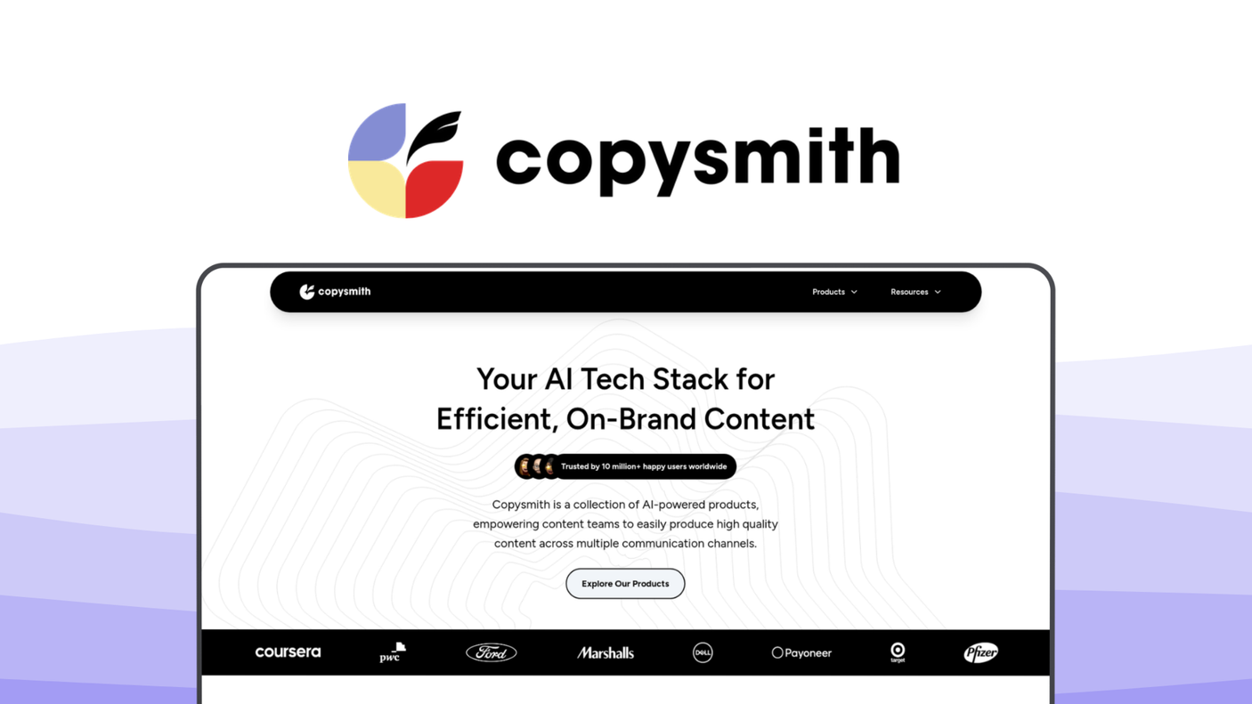 Copysmith a copy writing tool, featuring bulk generation, product descriptions, campaign builder, plagiarism check, team collaboration.