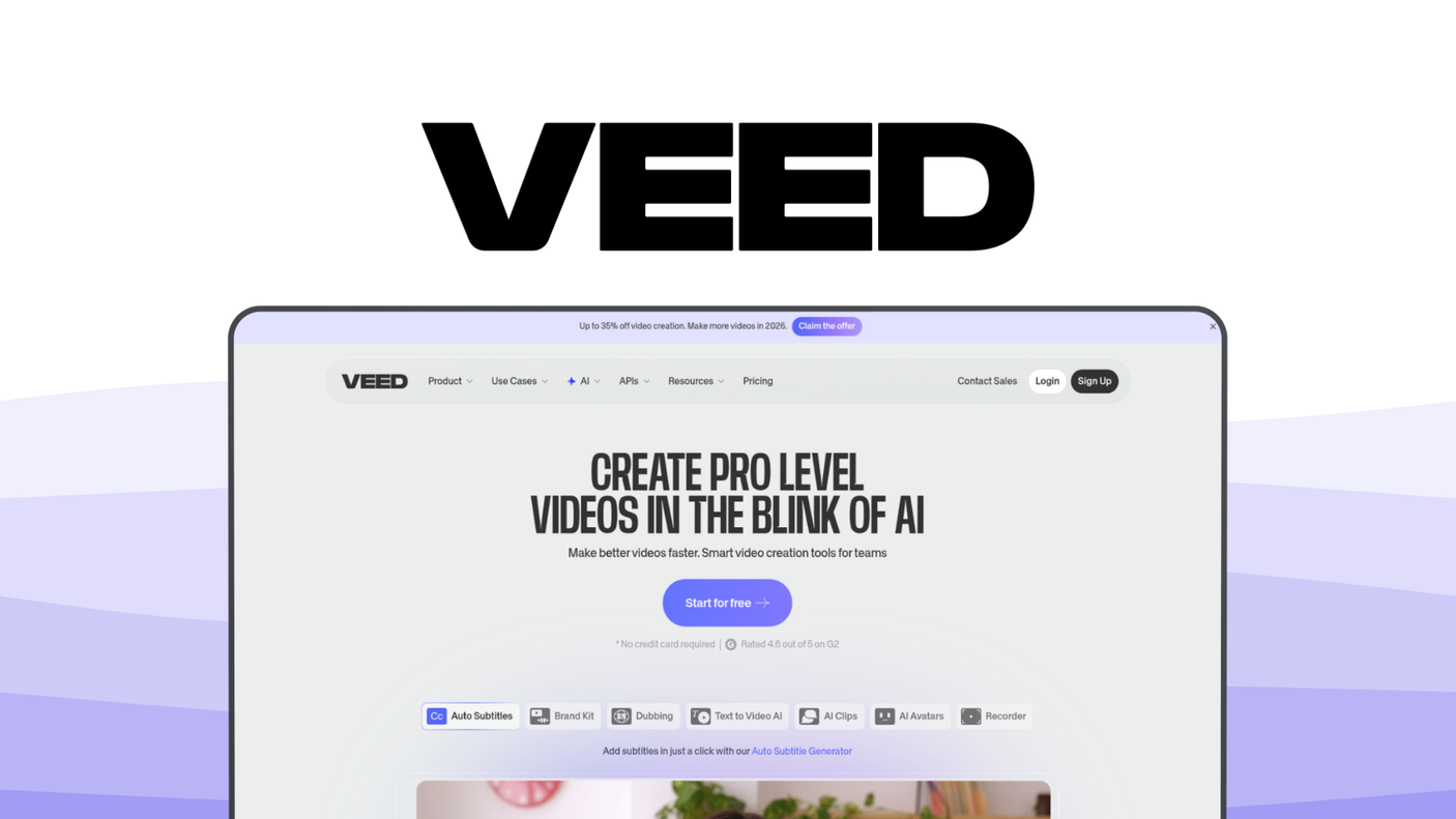 VEED a video editor tool, featuring auto subtitles, magic cut, ai avatars, text to video, screen recorder.