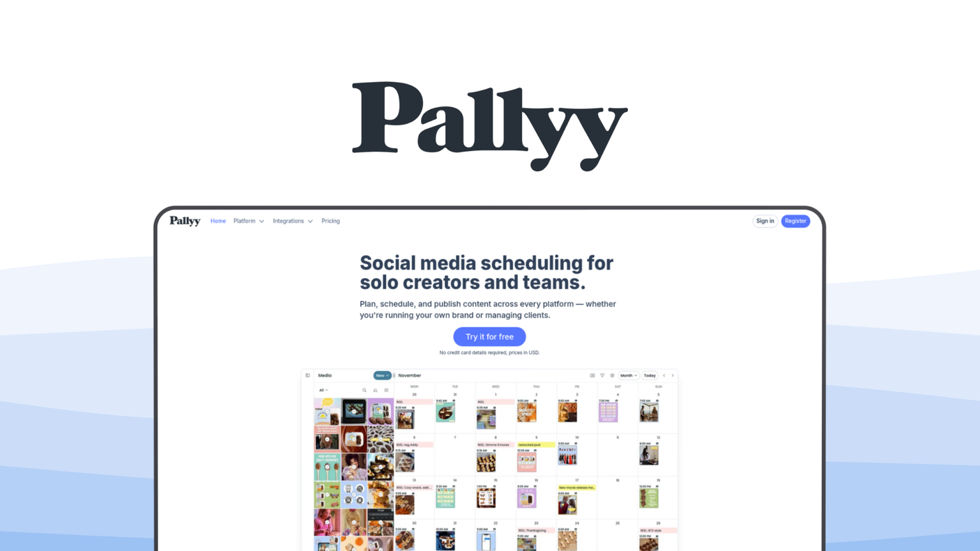 Pallyy a social media management tool, featuring visual feed planner, instagram analytics, bio link tool, comment management, social inbox.
