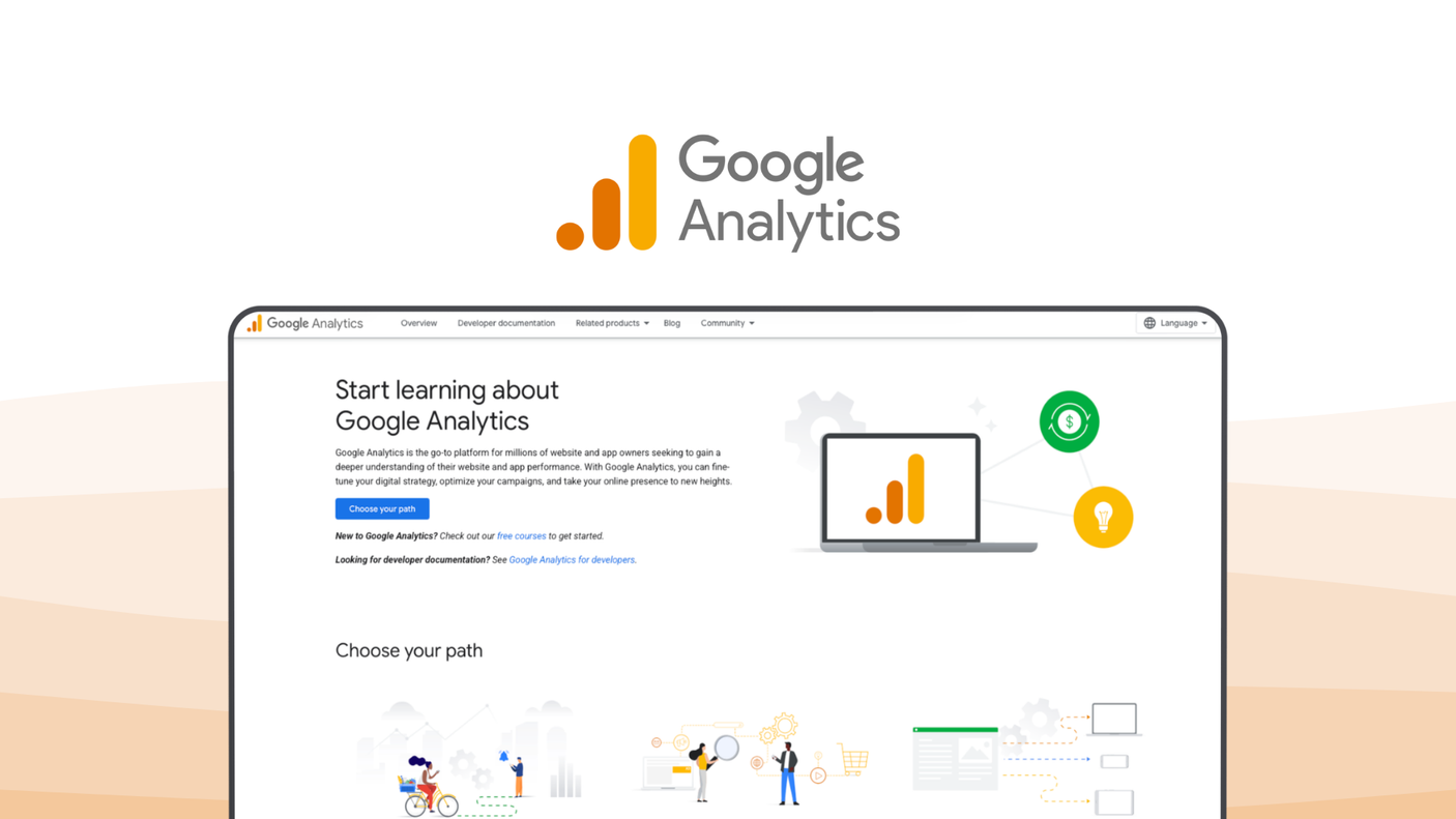 Google Analytics a web analytics tool, featuring event tracking, predictive metrics, cross-platform tracking, exploratory analysis, real-time data.