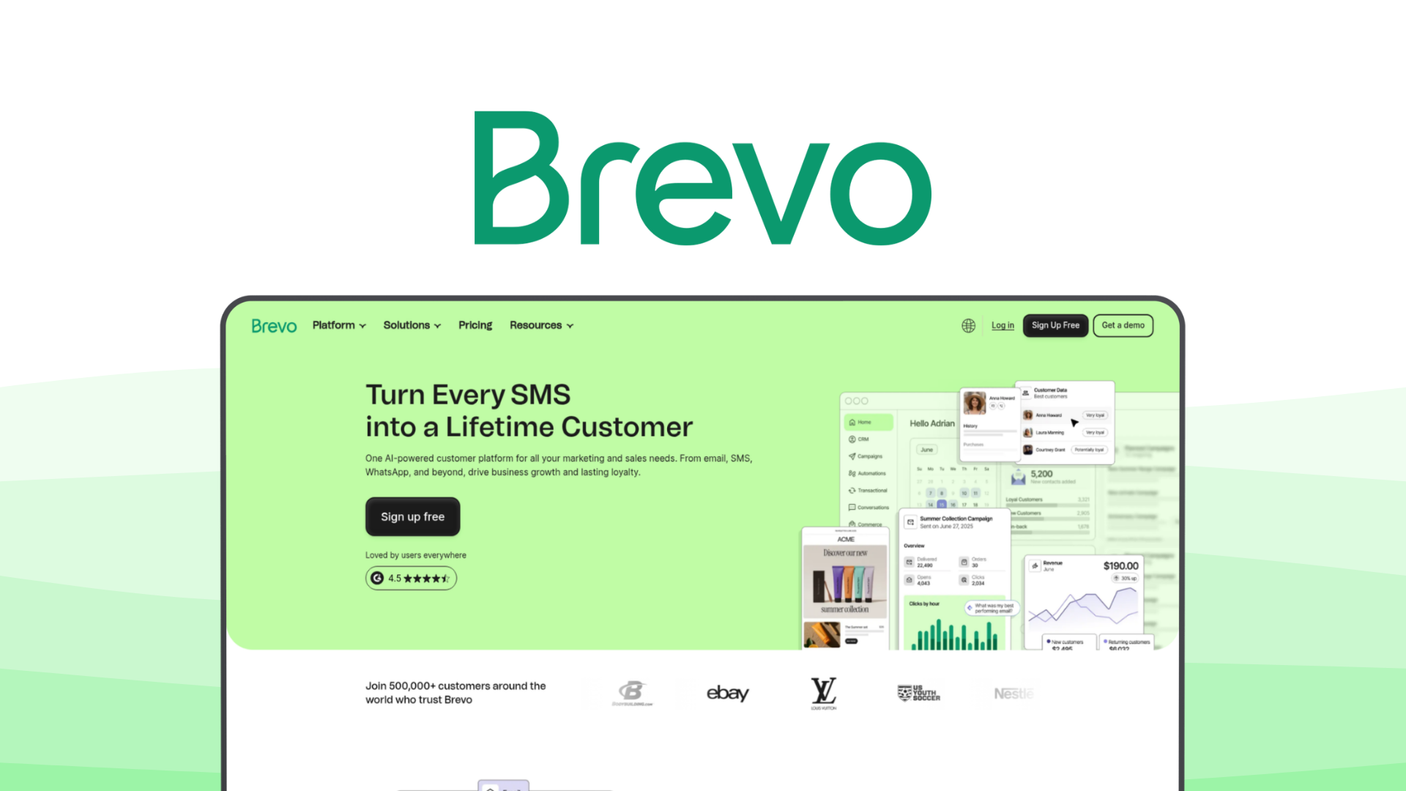 Brevo a marketing automation tool, featuring multichannel marketing, ai content creation, smart segmentation, landing page builder, transactional email apis.