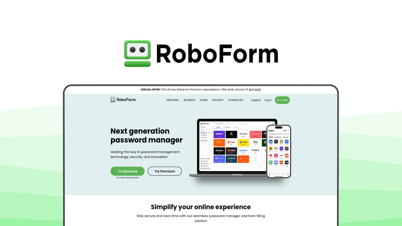 RoboForm a password manager tool, featuring form filling, bookmark management, emergency access, password audit, local-only mode.