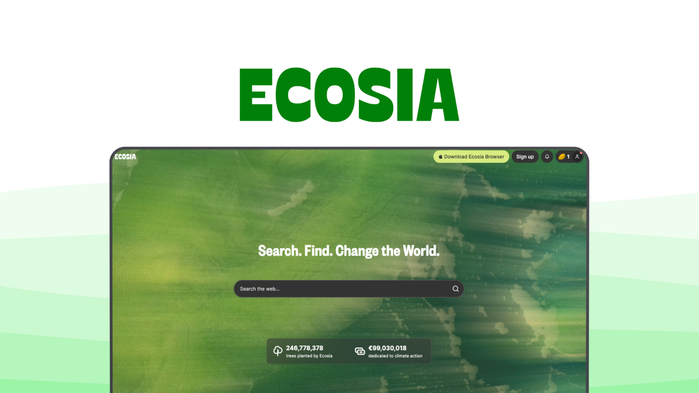 Ecosia a search engine tool, featuring plant trees, privacy friendly, green energy, financial reports, climate icons.