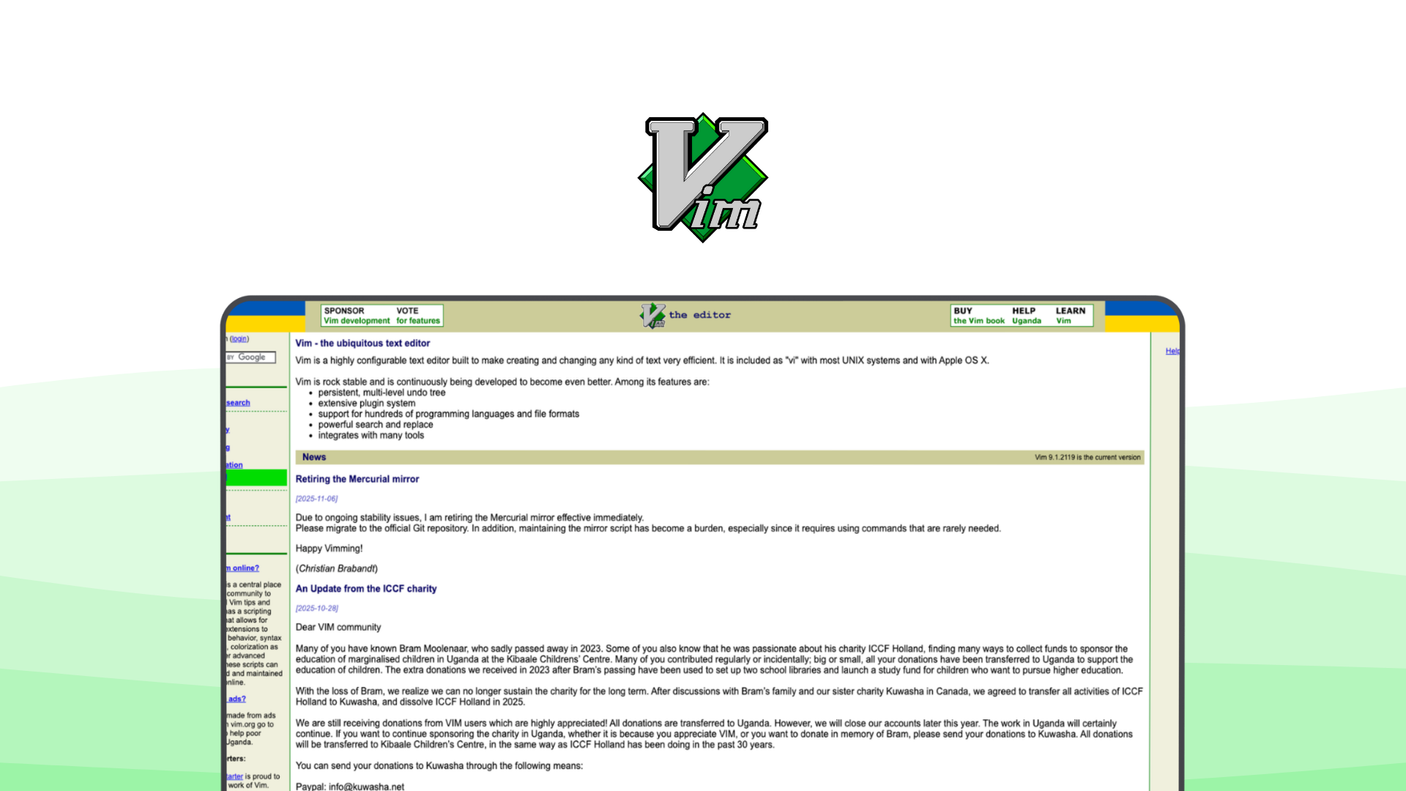 Vim a code editor tool, featuring modal editing, keyboard centric, macro recording, plugin system, lightweight.