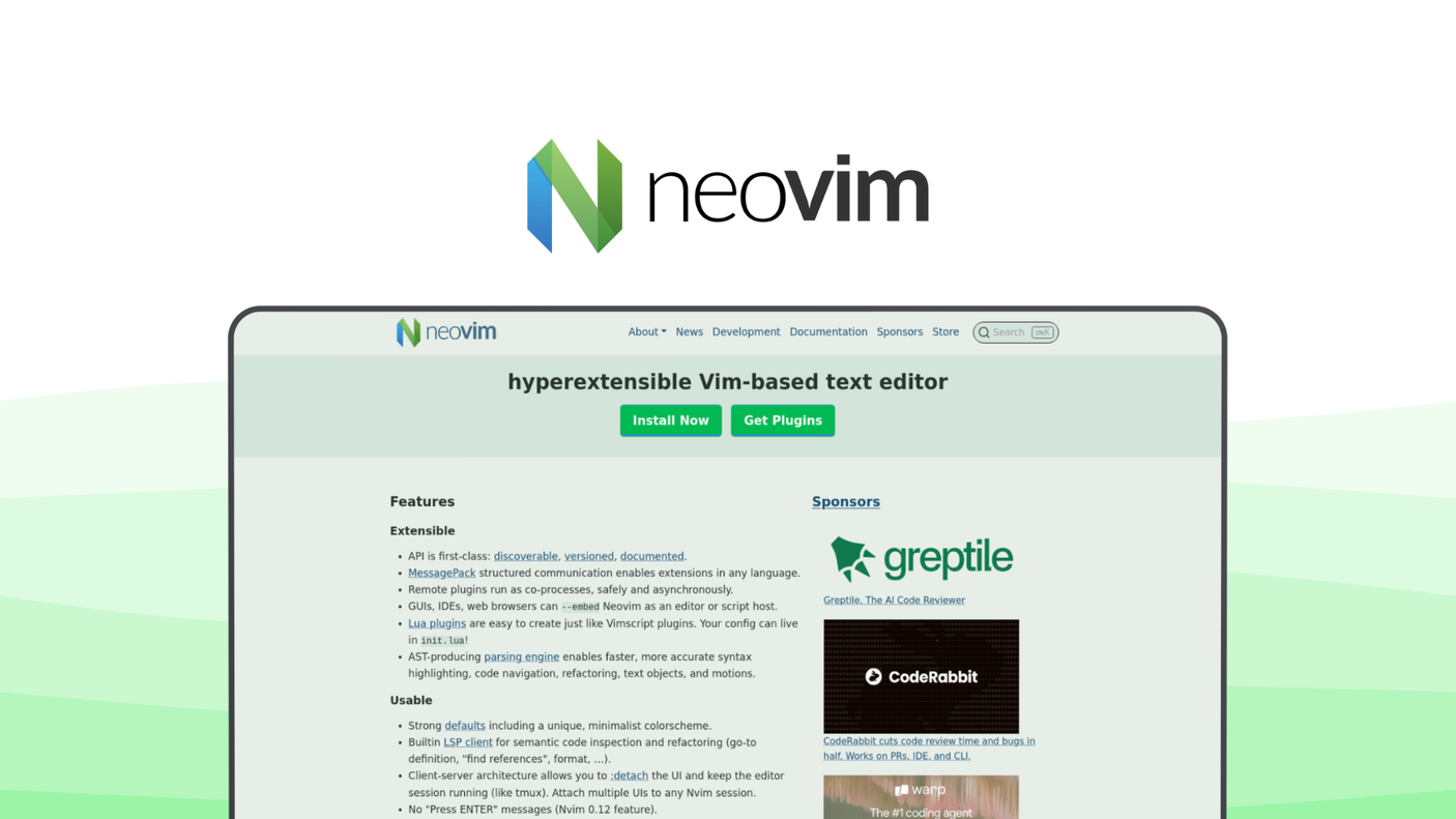 Neovim a code editor tool, featuring lua configuration, built-in lsp, async plugins, highly extensible, vim compatible.