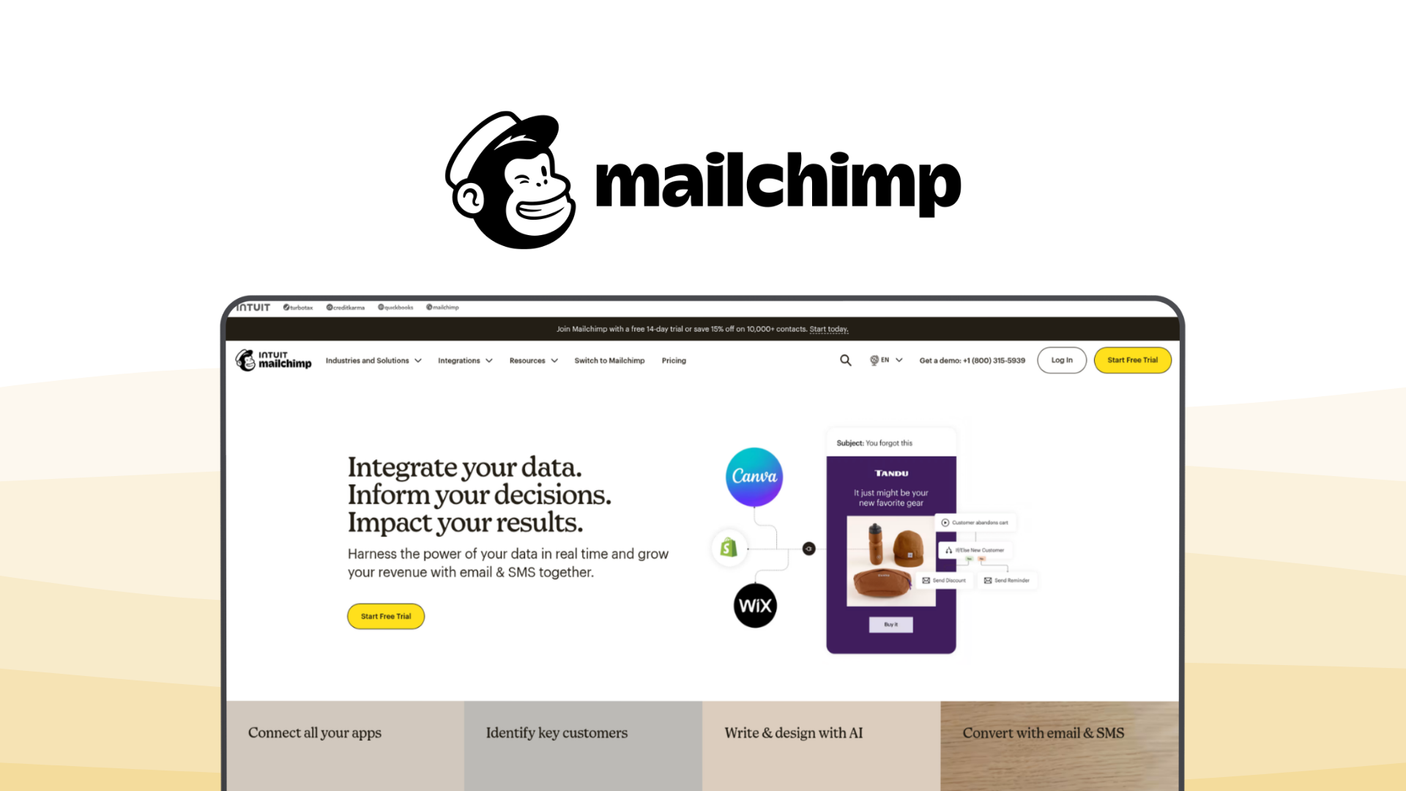 Mailchimp a marketing automation tool, featuring creative assistant ai, customer journey builder, beginner friendly editor, social media management, integrated landing pages.