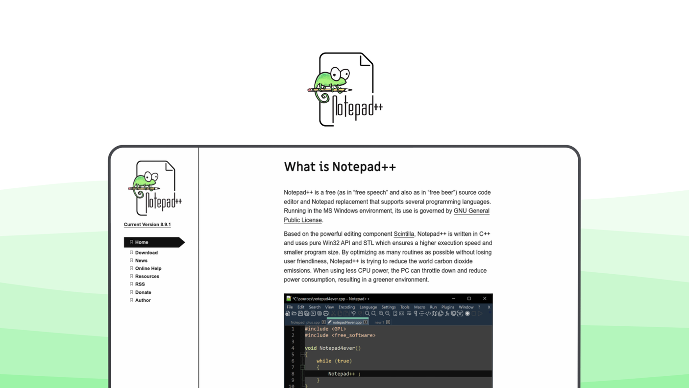 Notepad++ a code editor tool, featuring lightweight speed, syntax highlighting, macro recording, plugin support, auto completion.