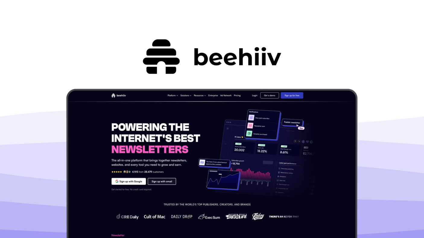 Beehiiv an email newsletter tool, featuring newsletter builder, built-in monetization, ad network, subscriber analytics, ai design.
