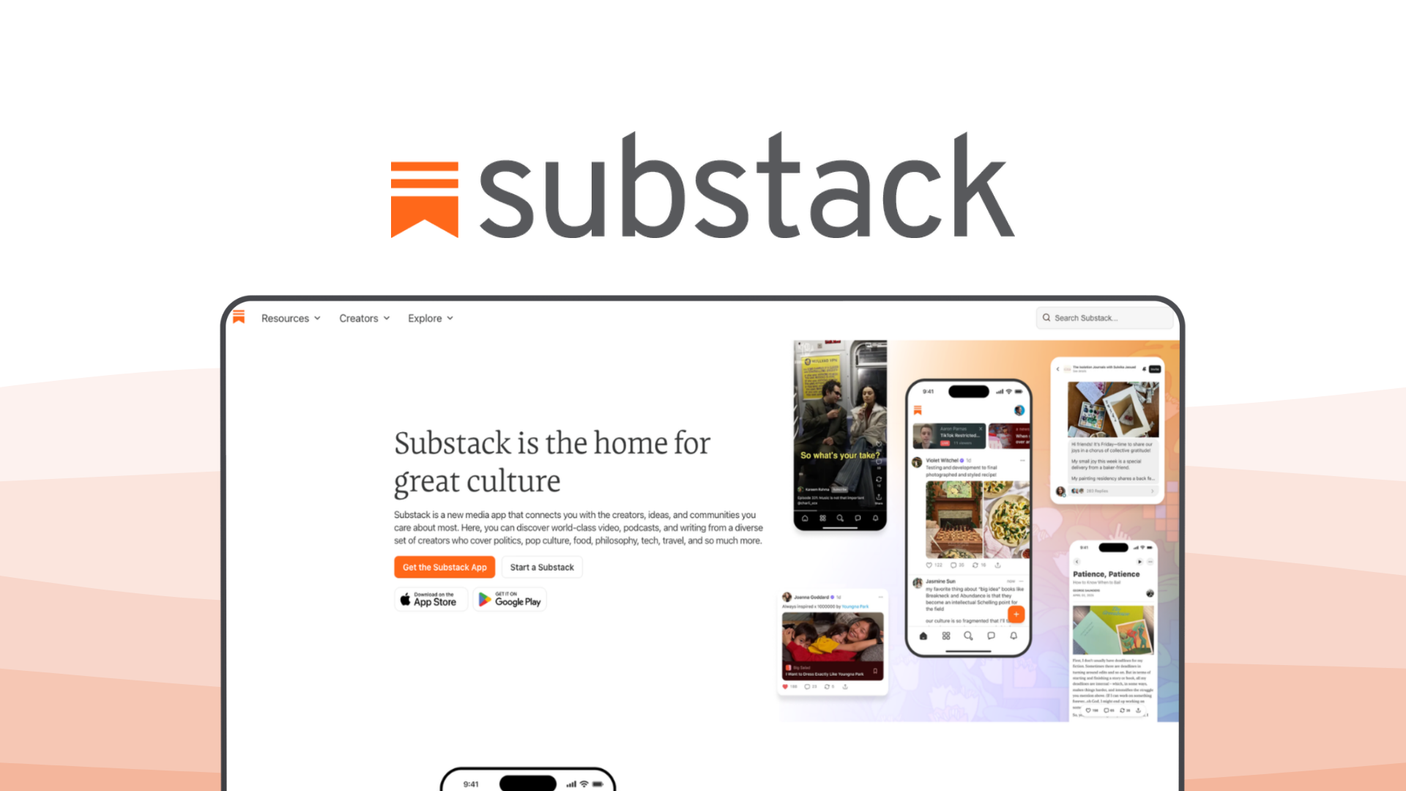 Substack an email newsletter tool, featuring newsletter publishing, subscriber payments, community building, content discovery, simple editor.