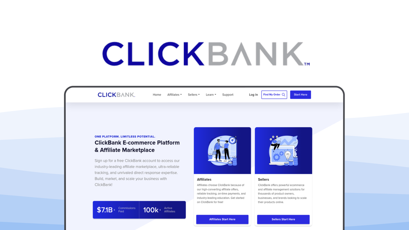 ClickBank an affiliate platform tool, featuring high commissions, digital products, easy approval.