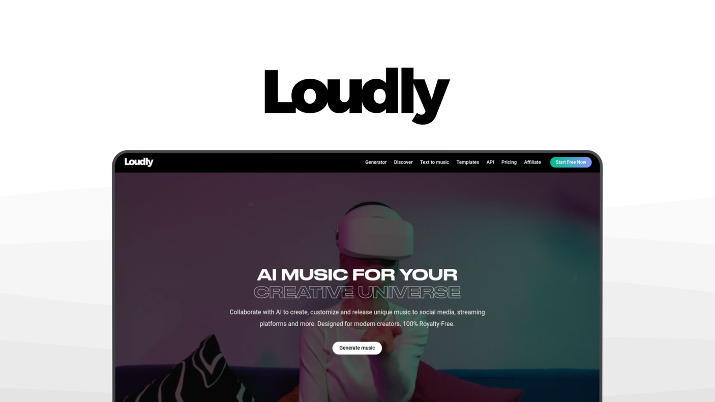 Loudly a music generator tool, featuring ai music generator, template based, royalty free, fast export, genre selection.