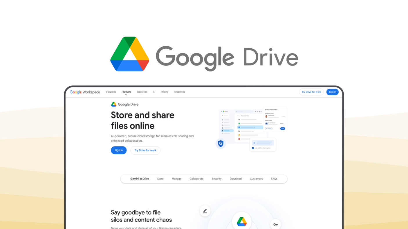Google Drive a cloud storage tool, featuring real time collaboration, workspace integration, file syncing, ai search, cross platform.