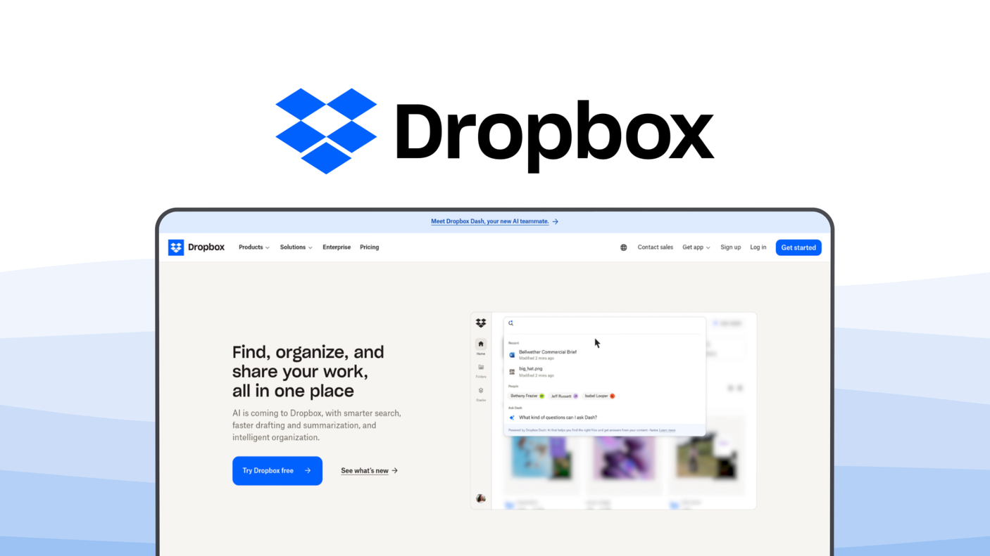 Dropbox a cloud storage tool, featuring easy file syncing, team collaboration, app integrations, version history, smart sync.