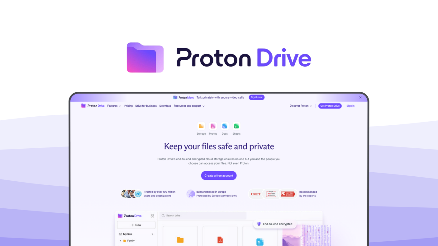 Proton Drive a cloud storage tool, featuring end to end encryption, swiss privacy, secure sharing, file versioning.