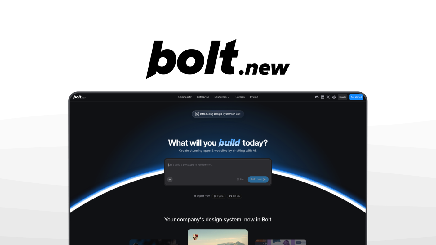 Bolt.new a vibe coding tool, featuring prompt to full stack, browser based prototyping, real time preview, instant hosting, live preview.