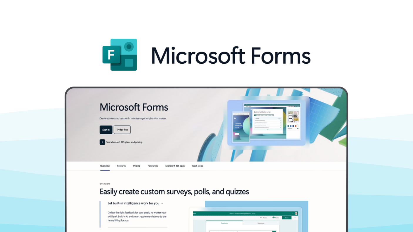Microsoft Forms a form builder tool, featuring professional templates, branching logic, real time analytics, quizzes, microsoft integration.