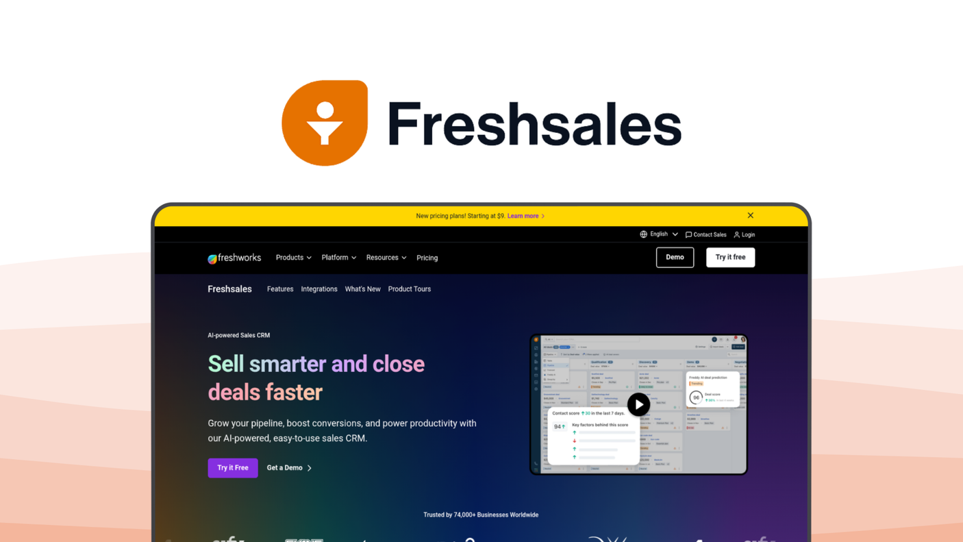 Freshsales a customer relation management tool, featuring ai lead scoring, built-in phone, email tracking, visual pipeline, sales sequences.