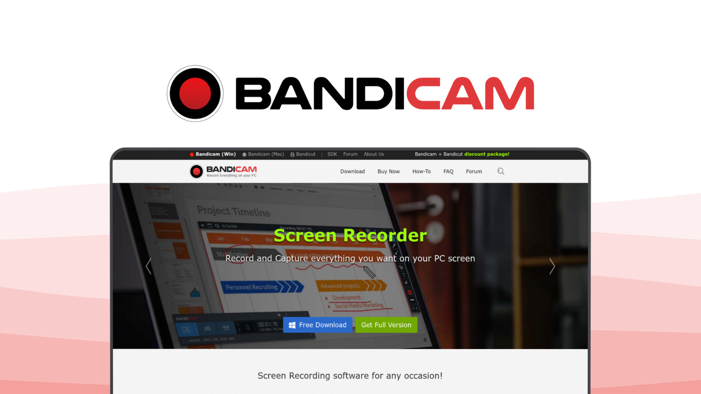 Bandicam a screen recording tool, featuring 4k ultra hd, hardware acceleration, game recording, real-time drawing, fps overlay.