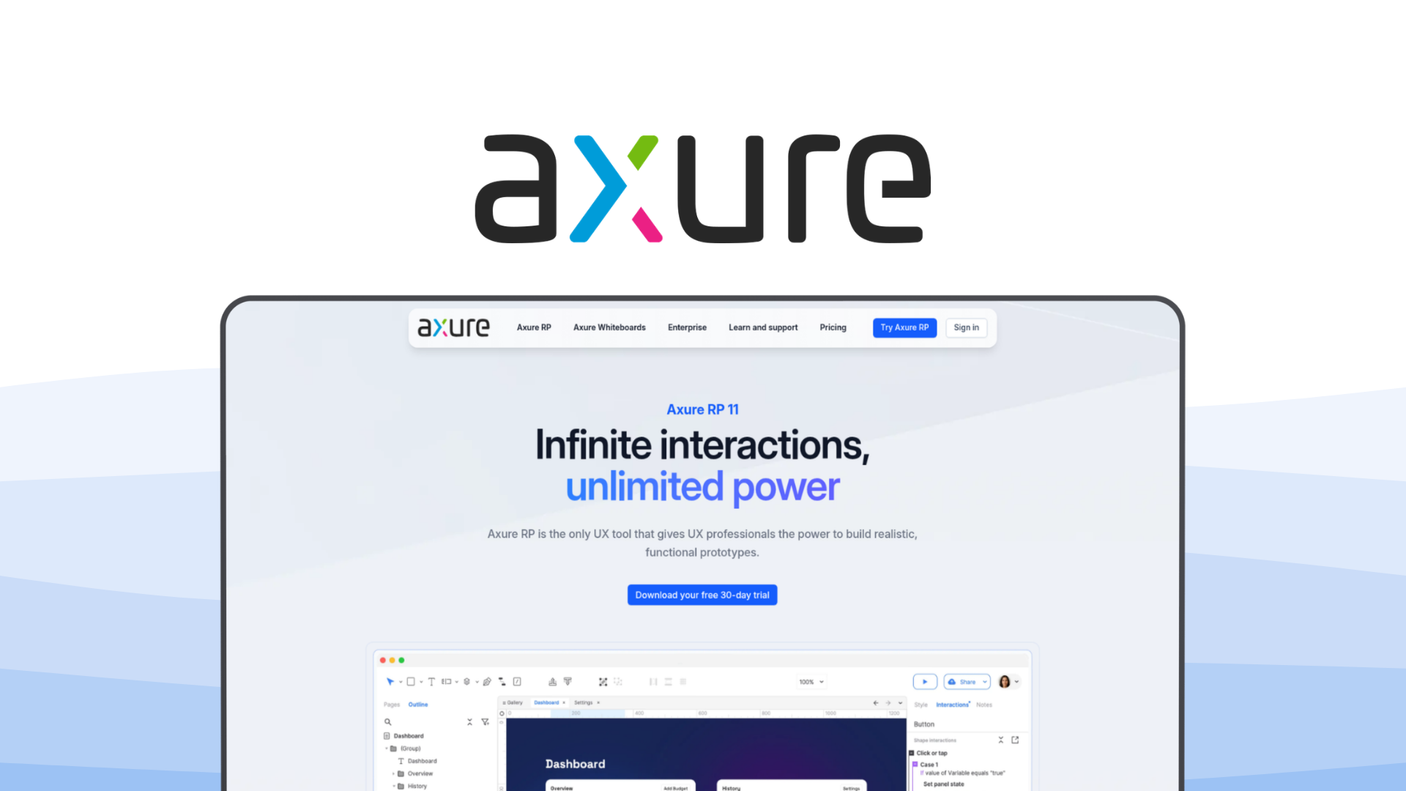 Axure RP an ui ux tool, featuring advanced interactions, conditional logic, dynamic content, documentation generation, widget library.