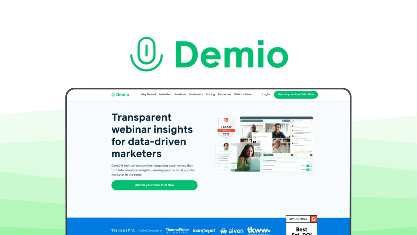 Demio a webinar tool, featuring automated webinars, live polling, custom branding, detailed analytics, crm integrations.