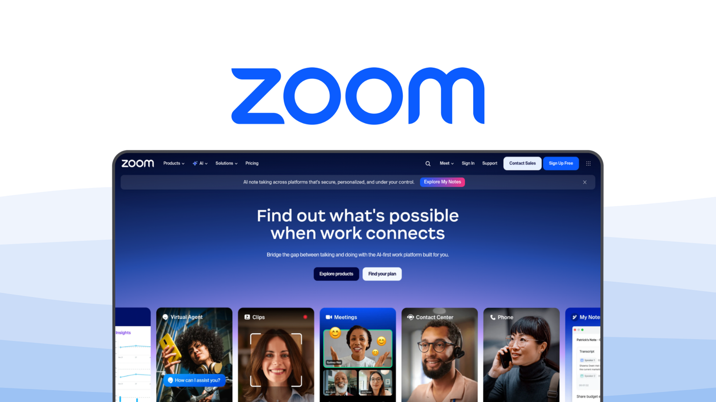 Zoom a video conference tool, featuring video calls, screen sharing, breakout rooms, cloud recording, ai companion, live polling.