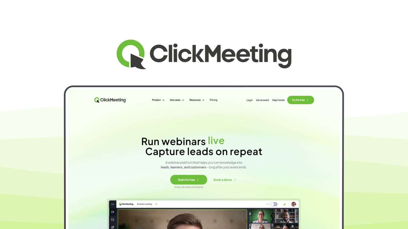 ClickMeeting a video conference tool, featuring webinar automation, event branding, polling tools, attendance reports, live streaming.