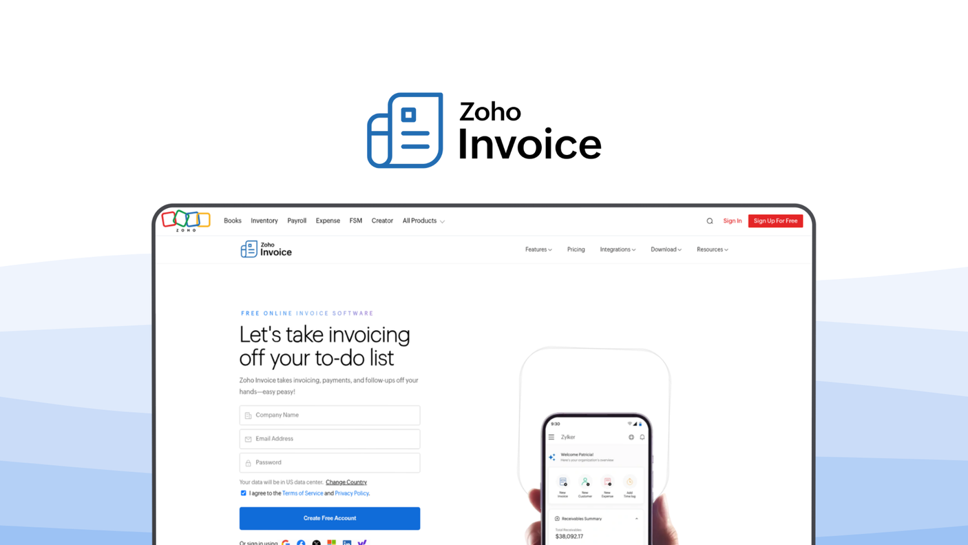 Zoho Invoice an invoice tool, featuring free invoicing, client portal, recurring invoices, payment reminders, custom templates.