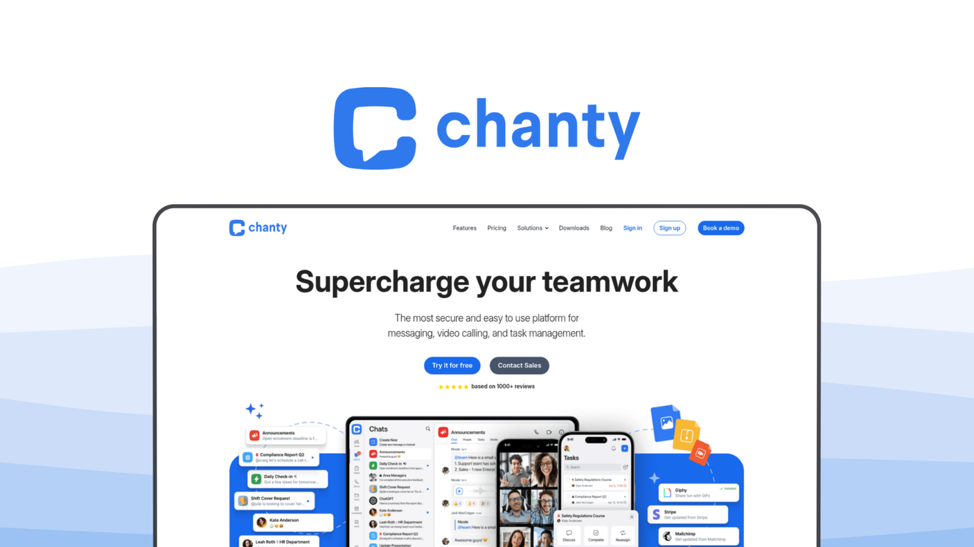 Chanty a team communication tool, featuring task management, voice and video calls, threaded conversations, file sharing, polls and announcements, kanban board, ai assistance, unlimited history.