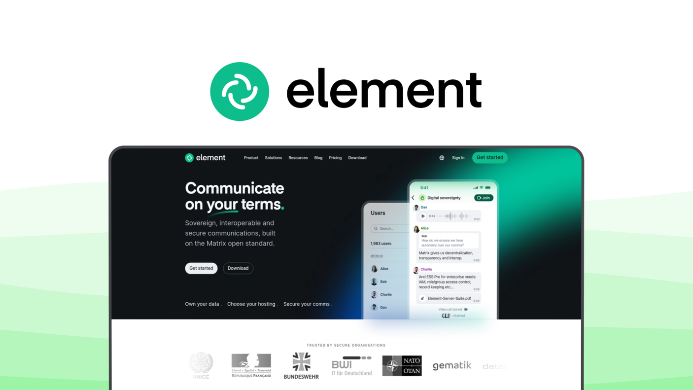 Element a team communication tool, featuring end-to-end encryption, decentralized federation, threaded conversations, video and voice calls, file sharing, self-hosting option, cross-platform support.