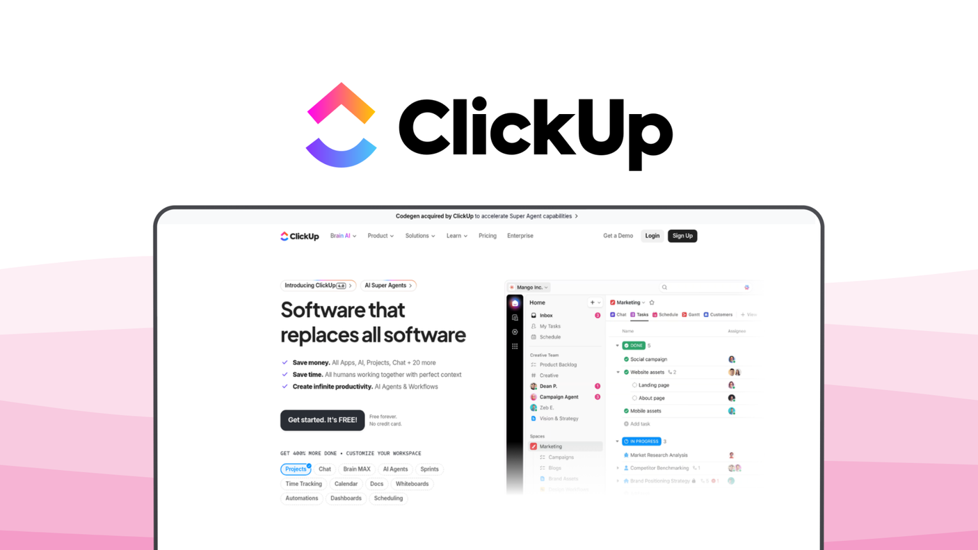 ClickUp a project management tool, featuring highly customizable views, robust task automation, goal tracking system, native docs integration, real-time collaboration.