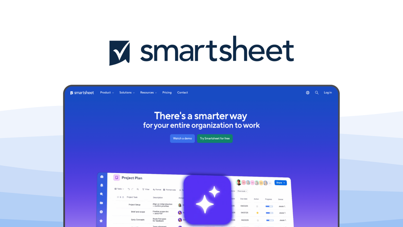 Smartsheet a project management tool, featuring spreadsheet-style interface, automated workflow rules, dynamic gantt charts, resource management tools, secure enterprise control.