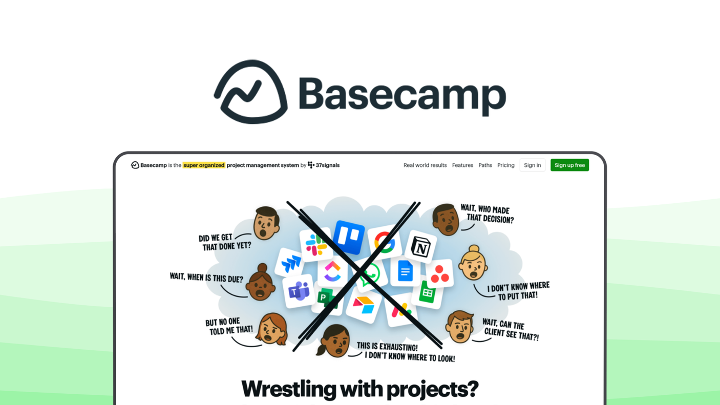 Basecamp a project management tool, featuring centralized message boards, real-time group chat, to-do list organization, automatic check-ins, document file storage.