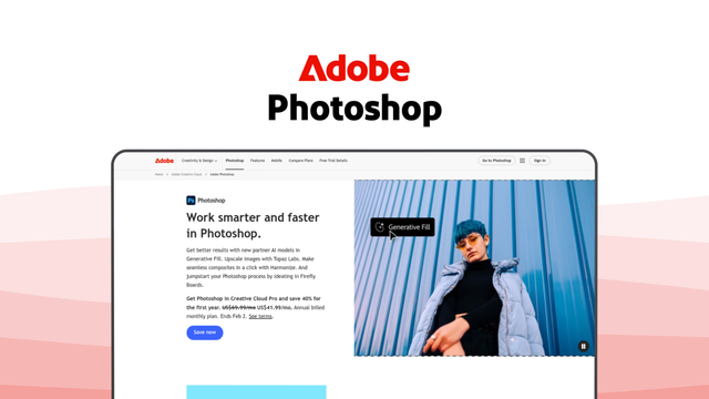 Adobe Photoshop a photo editor tool, featuring generative fill, neural filters, advanced layers, content-aware fill, remove tool.