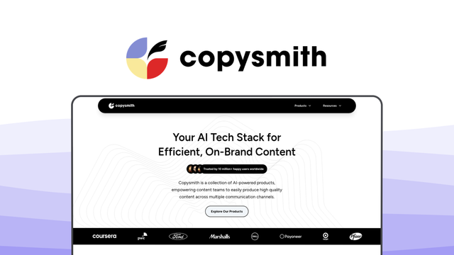 Copysmith a copy writing tool, featuring bulk generation, product descriptions, campaign builder, plagiarism check, team collaboration.