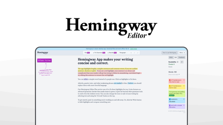 Hemingway Editor a copy writing tool, featuring readability grade, adverb check, passive voice, complex phrases, formatting tools.