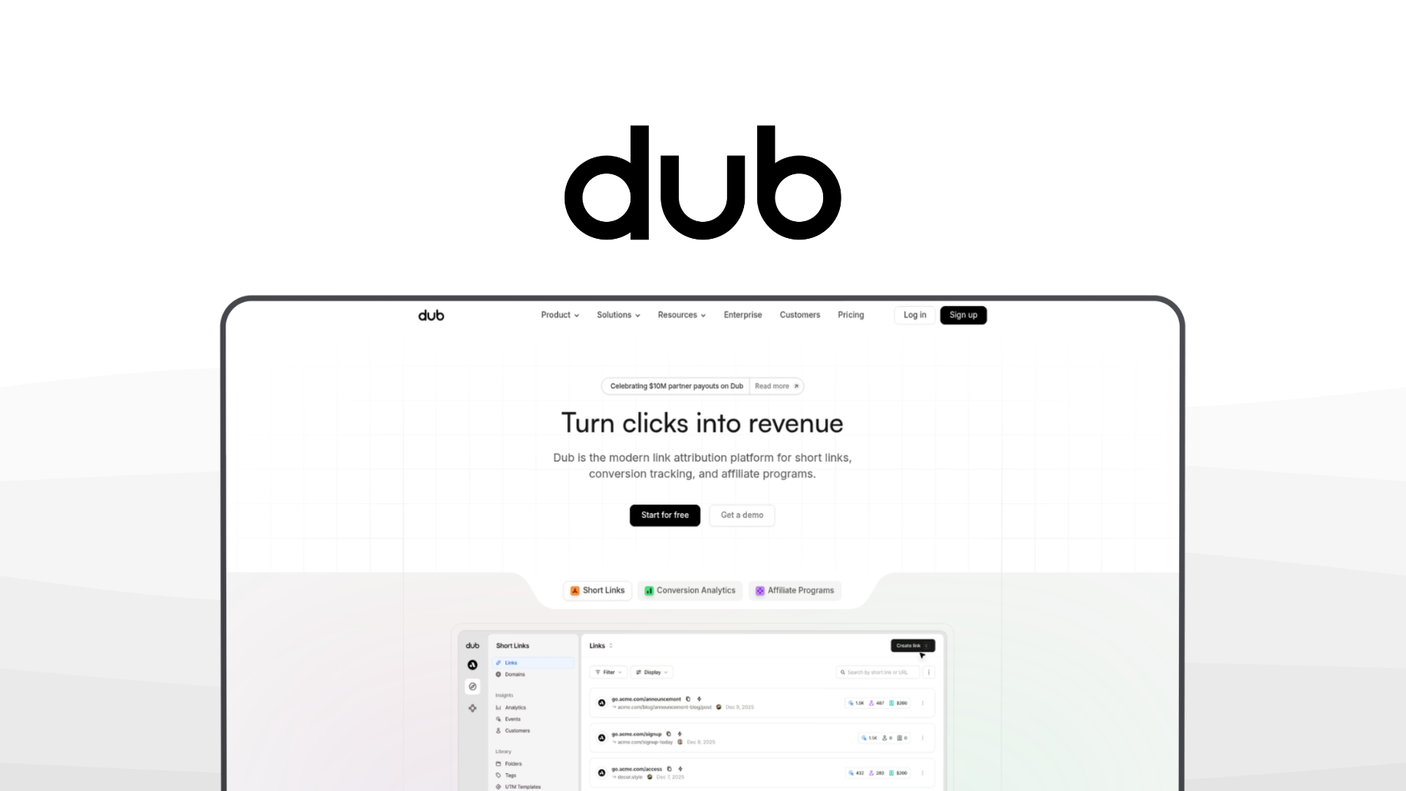 Dub an url shortener tool, featuring advanced analytics, custom social cards, custom domains, programmatic api, built-in qr codes.