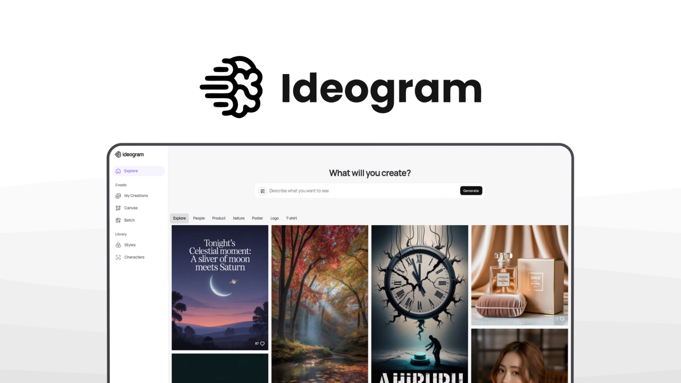 Ideogram an image generator tool, featuring legible text, magic prompt, logo design, style selector, remix mode.