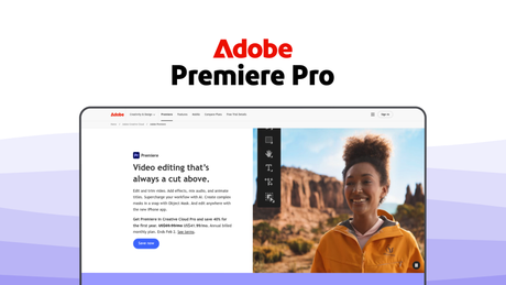 Adobe Premiere Pro a video editor tool, featuring text-based editing, generative extend, speech to text, ai auto color, remix tool.