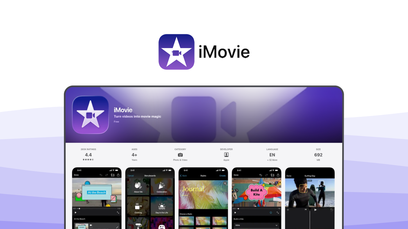 iMovie a video editor tool, featuring magic movie, storyboards, green screen, trailer templates, cross-platform.