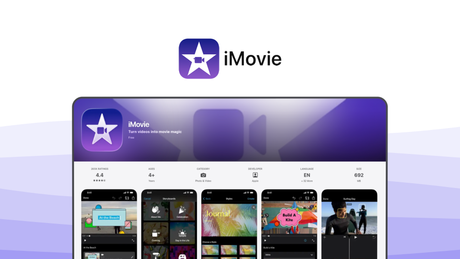 iMovie a video editor tool, featuring magic movie, storyboards, green screen, trailer templates, cross-platform.
