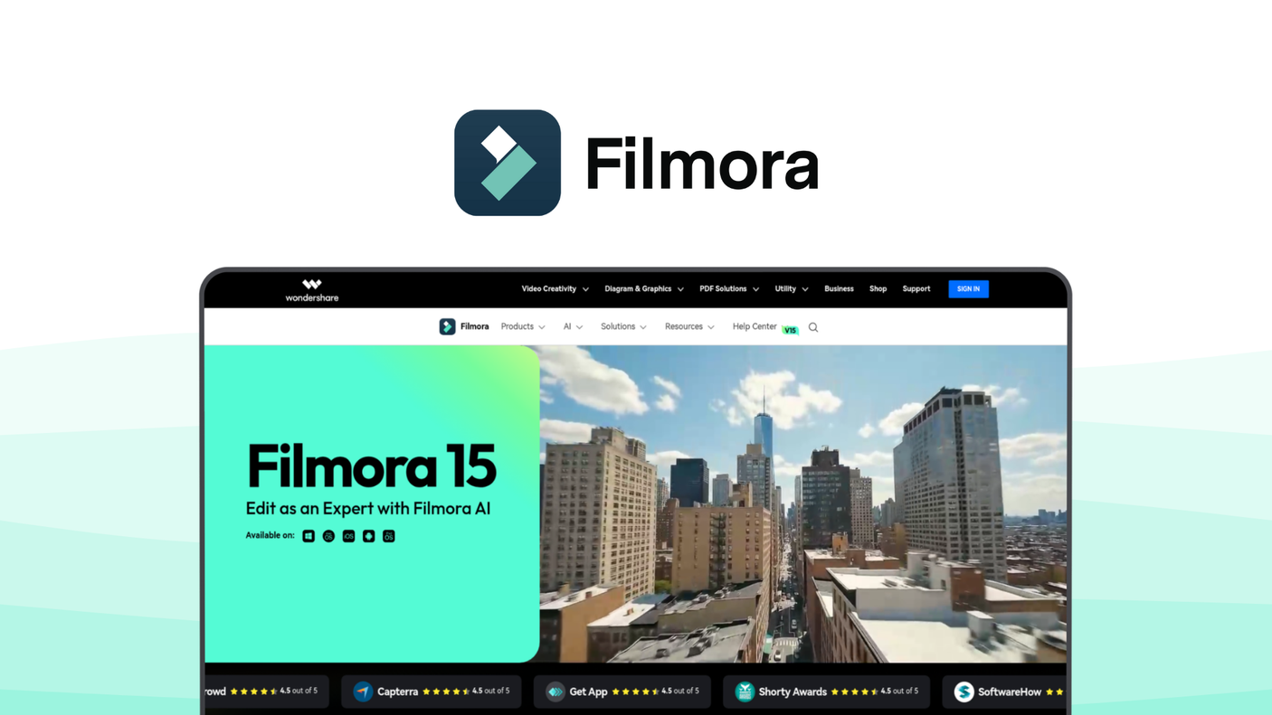 Filmora a video editor tool, featuring ai portrait, instant mode, auto reframe, ai smart cutout, screen recorder.