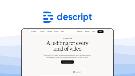 Descript a video editor tool, featuring text-based editing, overdub voice clone, filler word removal, studio sound, screen recording.