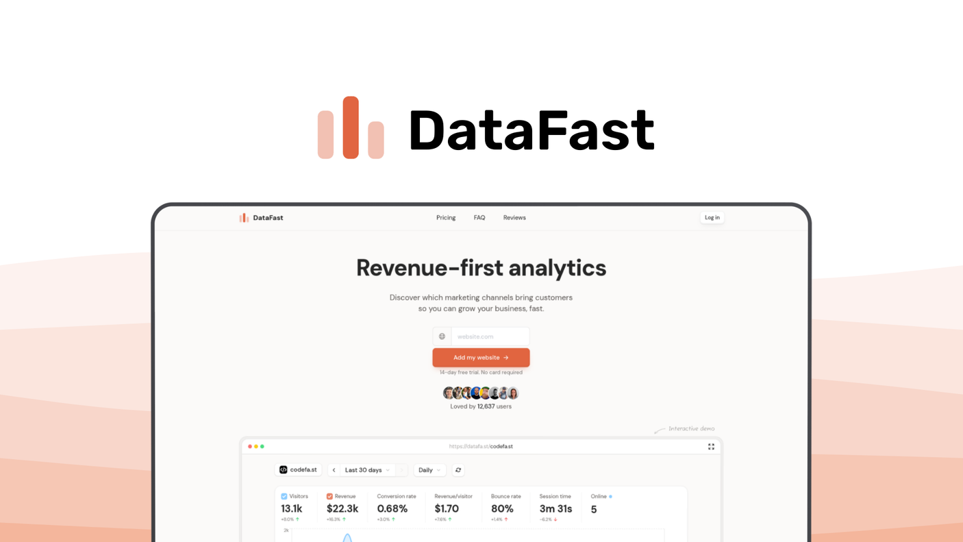 DataFast a web analytics tool, featuring revenue attribution, payment integration, funnel analytics, utm tracking, founder focused.