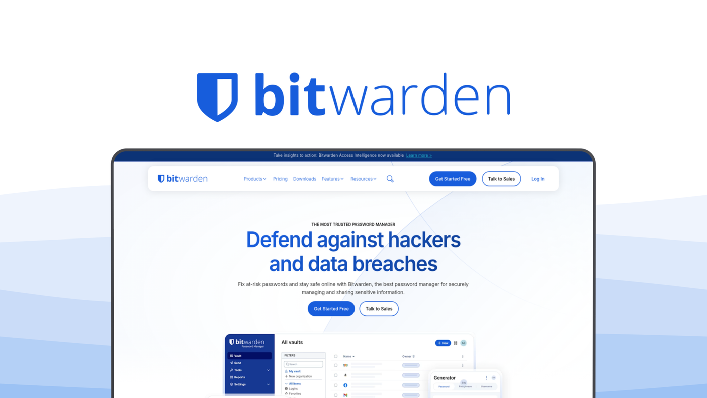 Bitwarden a password manager tool, featuring open source code, self-hosted option, username generator, send encrypted text, biometric unlock.