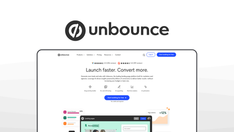 Unbounce a landing page builder tool, featuring smart traffic ai, smart builder, smart copy ai, popups sticky bars, a/b testing tool.