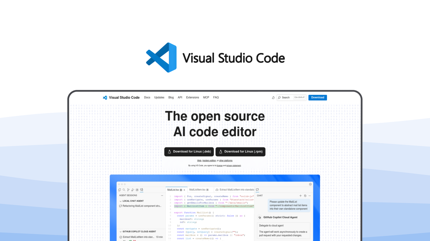 Visual Studio Code a code editor tool, featuring extension marketplace, intellisense autocomplete, built-in git, visual debugger, remote development.