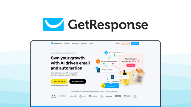 GetResponse a marketing automation tool, featuring conversion funnel builder, ai website builder, automated webinar hosting, ai email generator, advanced segmentation.