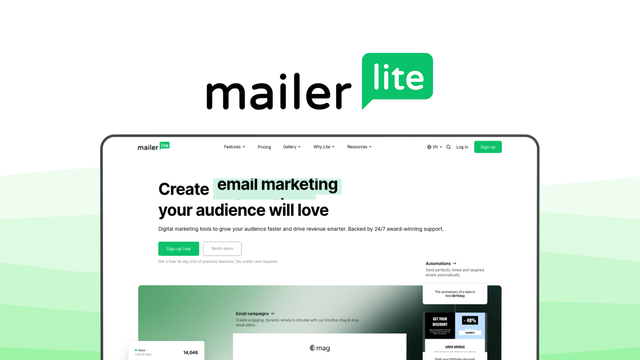 MailerLite an email marketing tool, featuring drag-and-drop editor, automation builder, landing page creator, email segmentation, website builder.